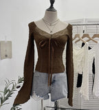 Shooting Merard Wind Strapted Bow Splicing Lace Pure Desire Blouse Folding Body Short Blouse