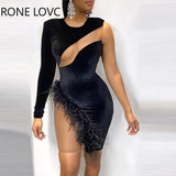 Women One-Shoulder Solid Fluffy Trim Sheer Mesh Bodycon Sexy Dress Fashion Party