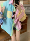 Spring Summer Women's Blouse Kawaii Shirt Korean Sweet Candy Color Patchwork Striped Long Sleeve Tunic Beautiful