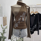 Hottie Side Hanging Neck Scarf Print Knitted Top Design Embody T-Shirt