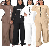 Casual Solid Women Two Piece Set Elegant Turtleneck Tops And Wide Leg Pants Outfits 2023 Fashion Long Sleeve Lady