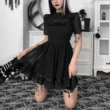 Harajuku Grunge Mall Goth Black Chiffon Dresses Y2K Kawaii Ruffles Mini Dress For Women Vestidos Gothic Emo Alt