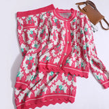 Winter Women's Knitted Sets Round Neck Jacquard Single Breasted Knit Cardigan + High Waisted Straight Midi Skirt
