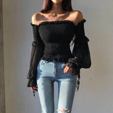 Color Pleated Bow Fashion Women Ladies Long Sleeve Off Shoulder Cropped Tops Blouse Shirt Lace Up Corset