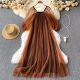 Lantern Sleeve Style Square Collar Net Dress Femininity Tea Break Skirt Warm And Long Fairy