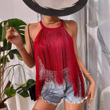 Women's Hot-Selling Solid Color Sleeveless Neck Top Ladies' Fashionable Tassel Beach