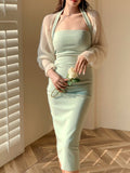 Halter Midi Dress For Women Elegant Bodycon Chic Ladies Solid Strapless Clothing Femme Fashion