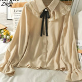Sweet Chiffon Shirt For Women Korean Style Lace Up Peter Pan Collar Blouses Elegant Office Work Long Sleeve Ladies