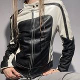 Color Block Zipper Faux Leather Moto JacketOutfit