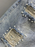Summer Women's Jeans Korean Fashion Hole Ripped Beading Vintage Printed Knee Length Denim Pants Y2K High
