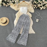 Zingj Girl Set Girl Strapless Strap Short Knit Top Print High Waist Wide Leg Trousers Two-Piece