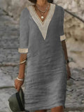 And Summer New Solid Color V-Neck Sleeve Cotton Temperament Elegant Dress