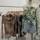 Graffiti-Printed Shoulder-Threin Mesh Long-Sleeved Blouse Side Drawstring Tethered With Slime T-Shirt