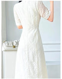 Lace Midi Dresses for Women 2023 New Summer French Embroidery Square Neck Short Sleeve Elegant Fashion Female