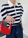 Neck Striped Puff Sleeve Half Zipper T Shirt Black White Color Block Summer Korean Style Short Sleeve Women