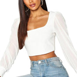 Women Blouses Mesh See Through Puff Long Sleeve Crop Tops Office Lady Shirts Square Collar Tops Black White Tops Ropa