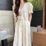 Zingj Chic Niche Temperament V Neck Hollow Lace Embroidered Jacket Women High Waist Pressure Pleated Skirt Two Sets Of