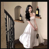Midi Dresses for Women 2023 Summer New Square Collar Sleeveless Female Sundress Elegant Party Wedding Evening Satin