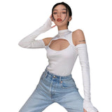 Fashion Women’s Long-sleeved Bodysuit Solid Color Hollow Off-shoulder Half High Collar