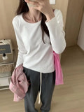 Color U-Collar Long-Sleeved T-Shirt Women's Early Autumn New Loose-Fitting Short Top Threaded Cotton Bottomed