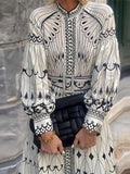 Women Elegant Ink Style Print Midi Dress With Belt Lantern Long Sleeve O-neck Dresses 2024 Chic Lady Casual Vacation