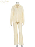 Causal Loose Home Suit Autumn Long Sleeve Blouse With High Wasit Pants Set Women Elegant Pleated Beige 2 Piece Pant