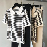 2024 Fashion Tracksuits Woment Striped Knit Pants Suit Casual Knitted Short-sleeved T-shirt + Long Pants 2 Piece