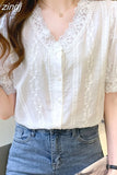 Sleeve White Shirt Women Summer Tops Office Chiffon Blouse Women with Lace Ctochet Button Up V Neck Clothing Blusas