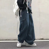 Women Blue Vintage Y2K Streetwear Baggy Cargo Jeans High Waisted Straight Wide Leg Pants Denim Trousers Fairy Grunge Alt