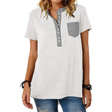 Summer V-Neck Stitching Pullover Tops Casual Short Sleeve Button T-Shirt Female Loose Pocket Comfortable Streetwear