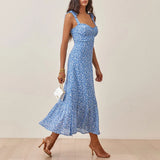 For Women Elegant Vintage Floral Dress Frill Sweetheart Neck Sleeveless Strap Tie Ruffle Hem Summer Beach