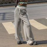 Grey Stripe Ribbon Drawstring Sweatpants-Outfit