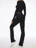Long Sleeve Cropped Top Fold-over Flare Pants Set-Outfit