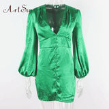 Women's Satin Dresses Green Gold Deep V Neck Botton Lantern Sleeve Mini Dress Sexy Female Party Dresses Club Autumn