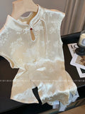 New Chinese Style Light Style Blouse Women's Summer Short Style Slim High Feel Plate Button Thin Satin Broken Flower