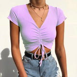 V Neck Cropped Tank Tops Women Drawstring Tie Up Front Camis Candy Colors Streetwear Slim Fit Ribbed Crop Top