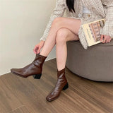 Zingj Brown Square Head Thick Heel Short Boots Women's Spring And Autumn Single Boots 2024 New Rear Zipper Martin Boots Women's