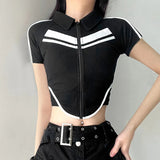 Black-And-White Color Matching Function Wind Zipper Short-Sleeved T-Shirt Street Trend Slim Hot Girl Navel Blouse