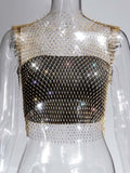 Diamonds Mesh Cropped Tank Top Women Summer Cover Up Bikini See Through Rhinestone Net Party Club Crop