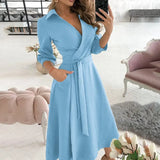 Women's Fashion Print Long-Sleeved V-Neck Bag-Groomed Commuting Dress