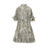 New Printed Lapel Shirt Dress With Belt Cuffs Bow Tie For Women