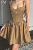Fashion Chic Brown Stitching Corset Party Dress Birthday Elegant Milkmaid Pleated Sexy Dresses Female Stripe
