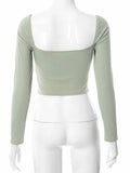 V-neck Long Sleeve Crop Tops Spring Fall Casual Fashion Women Square Collar Slim Ribbed T-Shirts Backless