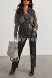 The Ins Hot Ladies Design Cotton Leopard Print Jeans Make Old Fur Lapel Collar Buckle Long Sleeve Shirt-Outfit