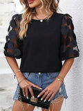 Zingj Wise Hot Style Round Collar Hollow Short-Sleeved Top Casual Lace Splicing