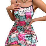 Bare-Back Ice Silk Halter Skirt Imitation Silk Nightskirt Summer Printed Pajamas Short Skirt Women's Household
