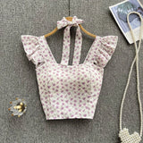 Zingj Summer Floral Strap Tops Women Square Neck Bow Ruffles Short Camisole Fashion Korean Flower Ladies Elastic Waist Top 211-1-Outfit