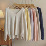 Zingj Autumn And Winter New Large Version Of Korean V-Collar Solid Color Lazy Breeze Loose Sweater
