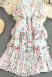 Women Floral Chiffon Draped Long Dress Vintage V-Neck Short Puff Sleeve High Waist Ruffle Pleated Vacation Beach Robe