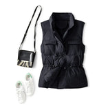 Korean Version Of Down Vest Female Wear A Waist Stand Collar Coat 2024 White Duck Velvet Drawn Rope Pocket Horse Clip Vest Vest-Outfit